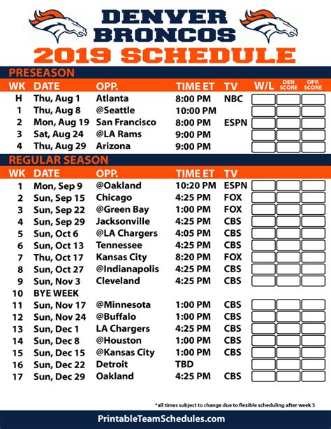 Broncos Schedule Printable
